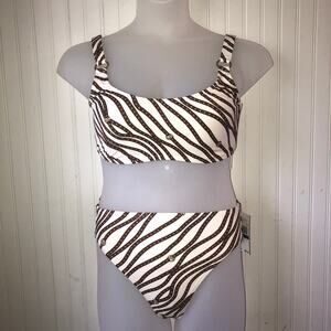 MICHAEL KORS Retail $142 Bone Logo Print Ring High Waist 2 Piece Bikini Size L